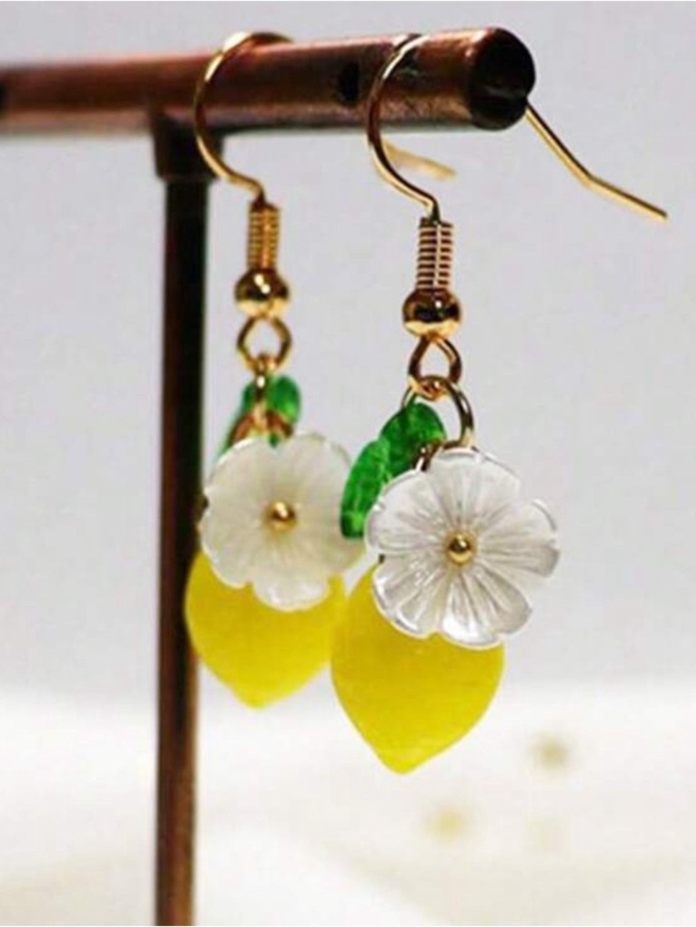 Lemon Drop Dangle Earrings with Green Leaf and White Flower